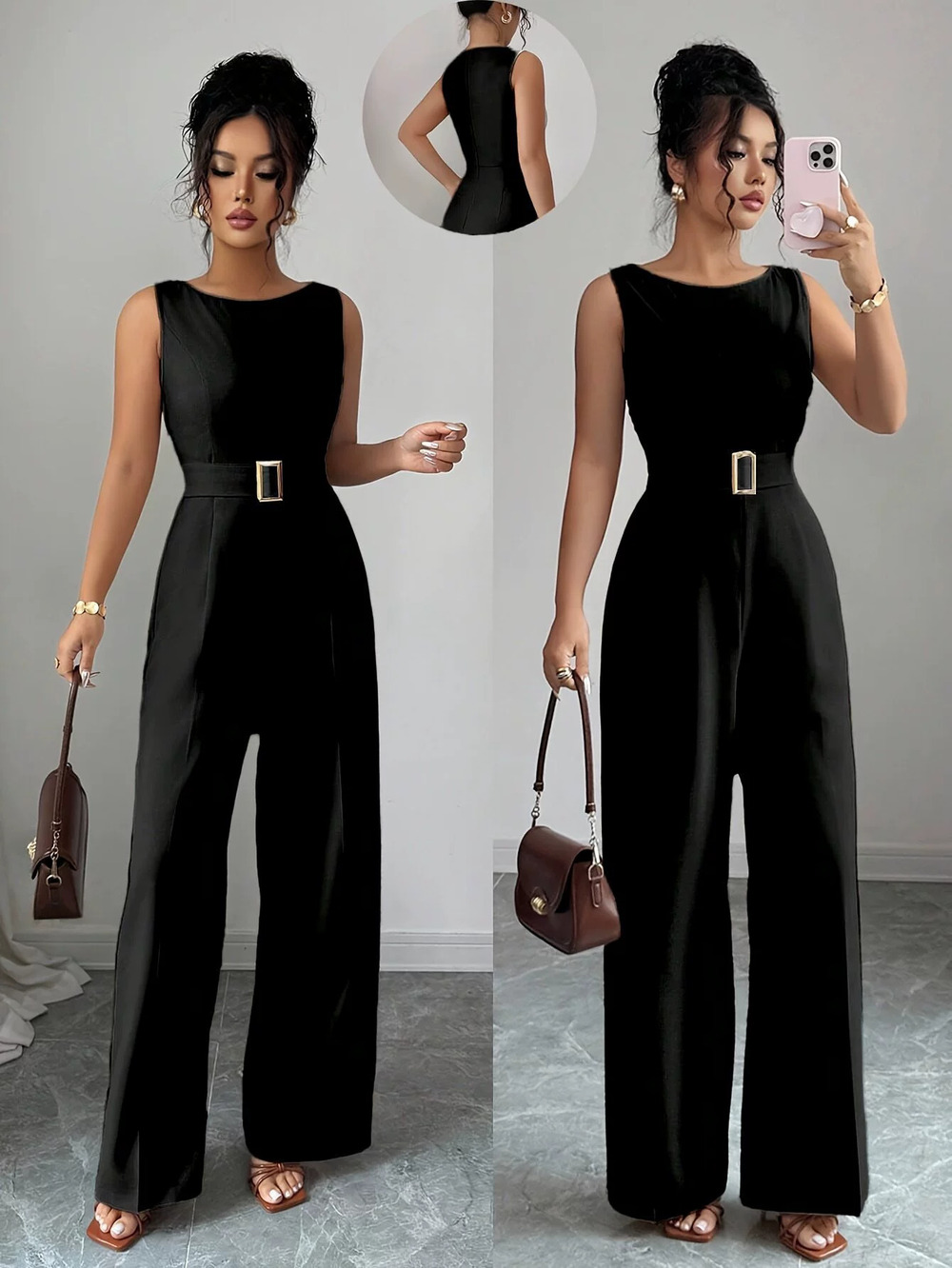 ZARA Black Sleeveless Jumpsuit Women Slim Belted Wide Leg Pants Office Style